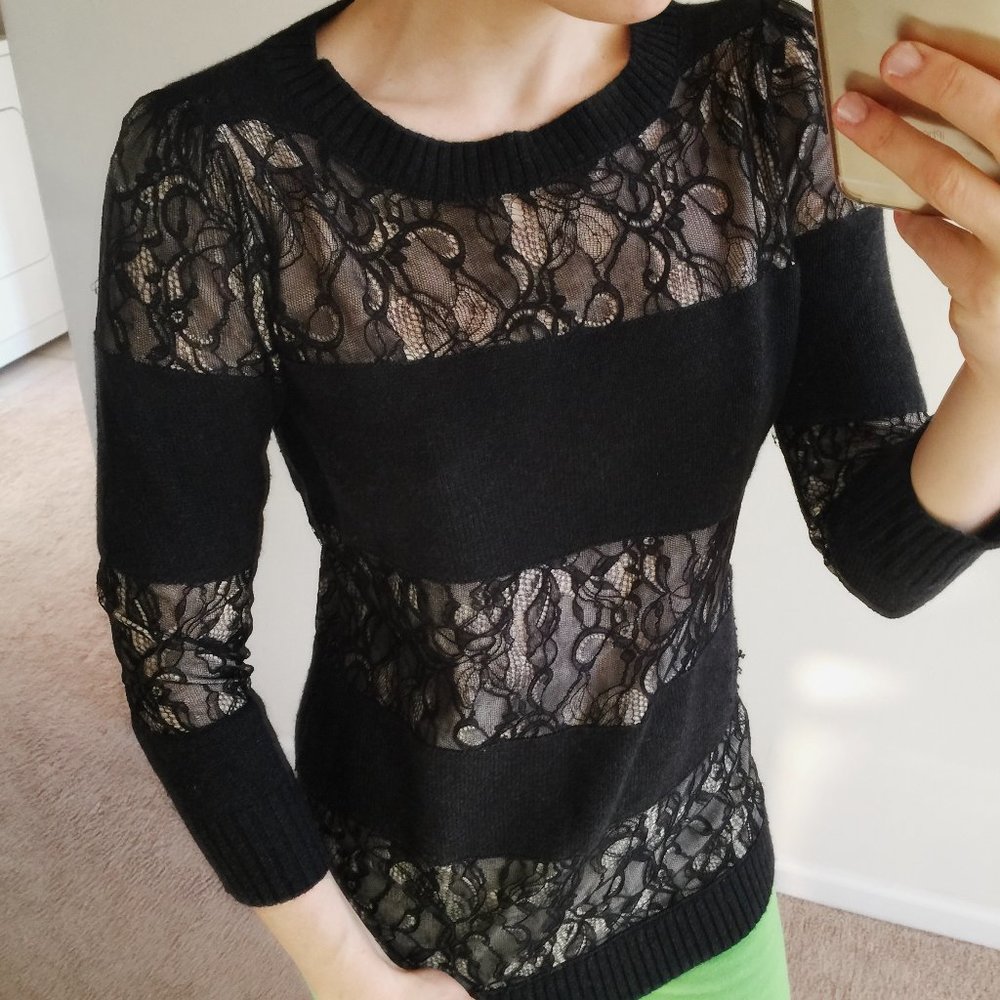 Central Park West Black Angora/Cotton/Cashmere Lace Striped Sweater RARE